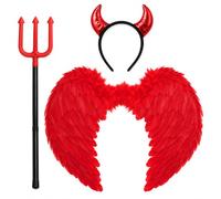 M&A PEAKS 3PC Devil Costume Accessories Set, Adult Halloween Fancy Dress Red Feather Angel Wings, Devil Horn Headband & Pitchfork, Costume Party Cosplay & Themed Events
