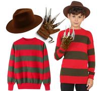 M&A PEAKS Kids Freddy Halloween Costume Set, Boys & Girls 3Pcs Horror Fancy Dress Red Green Striped Jumper With Claw Glove & Brown Explorer Hat, Elm Street Nightmare Party Outfit, UK 7-12 Years
