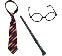 M&A PEAKS Kids Wizard School Boy 3pc Fancy Dress Set, Unisex Magician Magic Wand, Round Glasses & Striped Tie Costume For World Book Day, Halloween, Cosplay, Fancy Dress Parties & School Events
