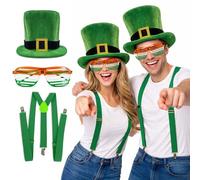M&A PEAKS St. Patrick’s Day Leprechaun Costume Accessory Set for Adults - Green Top Hat, Irish Braces Suspenders & Shamrock Glasses, Fancy Dress Outfit for Men Women Party Festival Wear, 3 Pcs Set