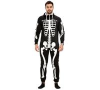 M&A PEAKS Unisex Skeleton Jumpsuit Onesie Costume with Hood, Adult Plush Fleece Halloween Skeleton 3D Skull Cozy Zip-Up Hoodie Sleepwear Outfit for Party, Cosplay, XXL