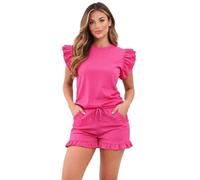 M&A PEAKS Women's Plain Peplum Frill Short Sleeve Top & Shorts Co-ord Set, Ladies Casual Soft 2-Piece Summer Loungewear Tracksuit Outfit Indoor/Outdoor Set UK Plus Size S-XXL