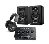 M-AUDIO BX3 Pair Bluetooth Studio Monitors Bundle with Dual XLR Audio Interface and Headphones for Studio Recording, Music Production, Podcasting, Streaming