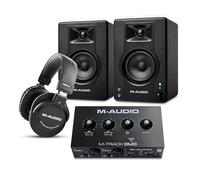 M-AUDIO BX4 Pair Bluetooth Studio Monitors Bundle with Dual XLR Audio Interface and Headphones for Studio Recording, Music Production, Podcasting, Streaming