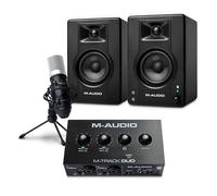M-AUDIO BX4 Pair Bluetooth Studio Monitors Bundle with Dual XLR Audio Interface and XLR Microphone for Studio Recording, Music Production, Podcasting, Streaming