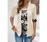 (M, beige) Summer Autumn Women's T-Shirts Fake Two-piece Five Quarter Sleeve Printed Women's Top Vintage T-Shirt