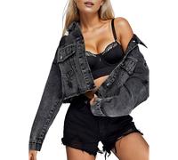 (M, Black & Gray) Women'S Cropped Denim Jacket Distressed Button-Down Jean Long Sleeve Ripped & Frayed Blue Coat XS