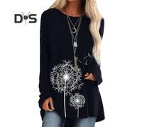 (M, black) Women's Plus Size Tunic Top Dandelion Print Longline Shirt Crew Neck Long Sleeve Pullover Tee Casual Loose Fit Blouse for Work Daily Life