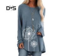 (M, blue) Women's Plus Size Tunic Top Dandelion Print Longline Shirt Crew Neck Long Sleeve Pullover Tee Casual Loose Fit Blouse for Work Daily Life