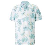 (M, Bright White/Aqua) Puma Golf Mens Mattr Verdant Performance Fit Floral Print Polo Shirt
