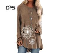 (M, brown) Women's Plus Size Tunic Top Dandelion Print Longline Shirt Crew Neck Long Sleeve Pullover Tee Casual Loose Fit Blouse for Work Daily Life