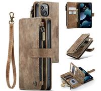 M CASEME UEEBAI Wallet Case for iPhone 13 6.1 inch, Premium PU Leather Flip Case with Card Slots Magnetic Closure Zipper Pocket Kickstand with Wrist Strap Vintage Brown