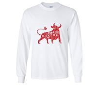 (M) Chinese Zodiac Year of the OX Bull Cow Men White Long Sleeve T-Shirt Tee Top
