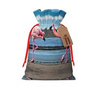 M Christmas Bag Drawstring Family Decorations â€“ flamingos on the beach Print Burlap Goody Wrapping Treat Gift Pouches