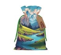 M Christmas Bags â€“ Green mountains and clear waters Print Holiday Drawstring Gift Pouches for Xmas, Birthday, Wedding & Party Favors