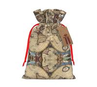 M Christmas Bags â€“ Reusable Ancient Map World Globe Print Xmas Party Holiday Drawstring Gift Pouches for Birthdays, Weddings