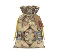 M Christmas Bags â€“ Reusable Ancient Map World Globe Print Xmas Party Holiday Drawstring Gift Pouches for Birthdays, Weddings