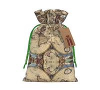 M Christmas Bags â€“ Reusable Ancient Map World Globe Print Xmas Party Holiday Drawstring Gift Pouches for Birthdays, Weddings