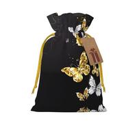 M Christmas Bags – Reusable Gold White Butterflies Black Print Xmas Party Holiday Drawstring Gift Pouches for Birthdays, Weddings