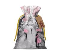 M Christmas Bags – Reusable Paris Street Eiffel Tower Pink Floral Print Xmas Party Holiday Drawstring Gift Pouches for Birthdays, Weddings