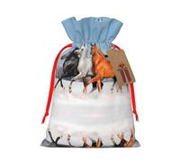 M Christmas Bags – Reusable Pretty horses Print Xmas Party Holiday Drawstring Gift Pouches for Birthdays, Weddings