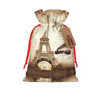 M Christmas Bags – Reusable Vintage Paris Eiffel Tower Butterfly Print Xmas Party Holiday Drawstring Gift Pouches for Birthdays, Weddings