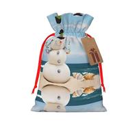 M Christmas Bags – Snowman With Seashells Sitting On Sandy Beach (1) Print Holiday Drawstring Gift Pouches for Xmas, Birthday, Wedding, Party Favors