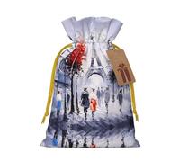 M Christmas Bags with Drawstring – Paris City Tree Eiffel Tower Art Print Xmas Party Holiday Pouches for Weddings, Birthdays