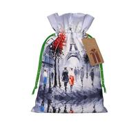 M Christmas Bags with Drawstring – Paris City Tree Eiffel Tower Art Print Xmas Party Holiday Pouches for Weddings, Birthdays