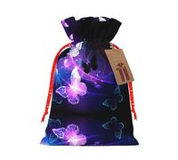 M Christmas Bags with Drawstring – White Purple Butterflies Print Xmas Party Holiday Pouches for Weddings, Birthdays