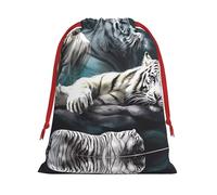 M Christmas Drawstring Bag â€“ Festive Many White Tigers Print Xmas Party Sacks, Reusable Plush Holiday Pouches