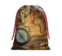 M Christmas Drawstring Bag â€“ Festive Xmas Party Holiday Sacks with Compass and Old World Map Print, Reusable Plush Pouches