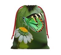 M Christmas Drawstring Bag â€“ Green leaf colorful butterfly Print Holiday Sacks Bag, Treats â€“ Plush Pouches for Birthdays, Weddings