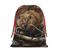 M Christmas Drawstring Bag â€“ Reusable beaver working Print Xmas Party Holiday Sacks, Wedding Favors, Birthdays Bags