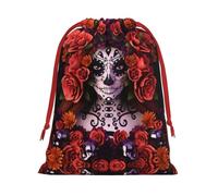 M Christmas Drawstring Bag â€“ Reusable Day Of The Dead Sugar Roses Skull Print Xmas Party Sacks, Treats & Favors for Holiday, Weddings