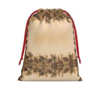 M Christmas Drawstring Bag â€“ Reusable Pine Cone Border Print Xmas Party Sacks, Treats & Favors for Holiday, Weddings