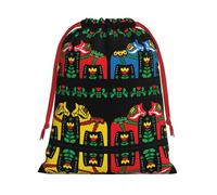 M Christmas Drawstring Bag â€“ Reusable Runner Swedish Dala Horse Folk Print Xmas Party Sacks, Treats & Favors for Holiday, Weddings