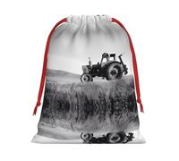 M Christmas Drawstring Bag â€“ Reusable Tractor Agriculture Tranquil Print Xmas Party Holiday Sacks, Favor Bags for Birthdays, Weddings