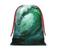 M Christmas Drawstring Bag - Reusable Ocean Green Wave Surf Print Xmas Party Holiday Sacks, Wedding Favors, Birthdays Bags