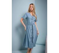 Collarless Button Through Shirt Dress M&Co Blue 18