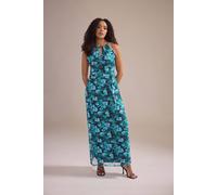 M&Co Women's Floral Halter Neck Mesh Maxi Dress in Dark Navy | Size: 14