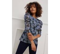 M&co Floral Print Mesh Ruched Sleeve Top In Black Black 20