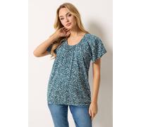 M&Co Women's Leaf Print Cotton Scoop Neck Top in Mid Navy | Size: 14