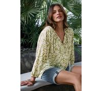Leaf Print Tie Neck Linen Blouse M&Co Green 10