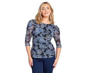 M&Co Navy Blue Floral Print Mesh Ruched Sleeve Top - Women's