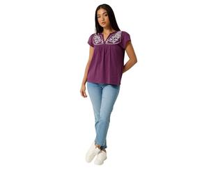 M&Co Petite Berry Embroidered Cotton Notch Neck Top - Women's Purple