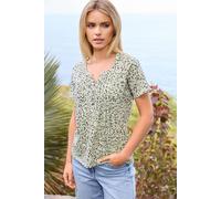 M&Co Women's Petite Floral Henley Top in Light Green | Size: 14 M&Co Light Green 14