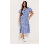 M&Co Women's Petite Leaf Print Tie Neck Midi Dress in Blue | Size: 14 M&Co Blue 14