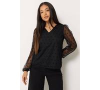M&Co Women's Petite Polka Dot Mesh Sleeve Blouse in Black | Size: 8