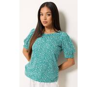 M&Co Women's Petite Printed Puff Sleeve Top in Teal | Size: 12 M&Co Teal 12